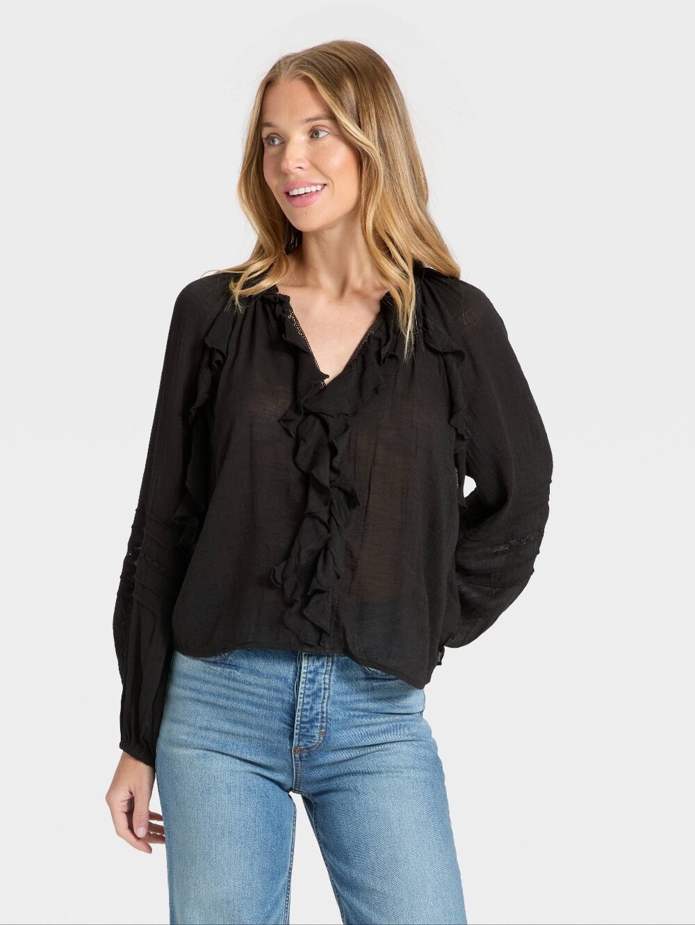 Universal Thread™ Balloon Long Sleeve Gauzy Black V-Neck Blouse Sz Medium